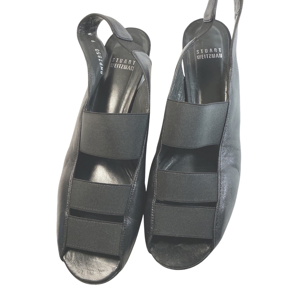 Stuart Weitzman Black Leather Elastic Slingback Wedge Sandals BW97850 Womens 9 M